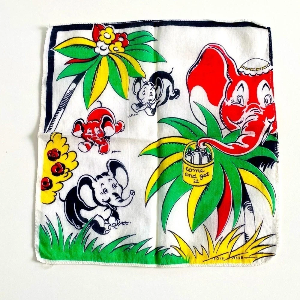 Vintage Tom Lamb Child's Handkerchief with Elephants, 1940s Childs Hankie